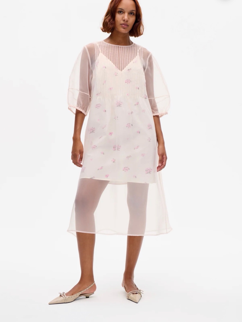 Baum Und Pferdgarten Sheer Pink Floral Overlay Slip Dress Puff Sleeves Nwt 10